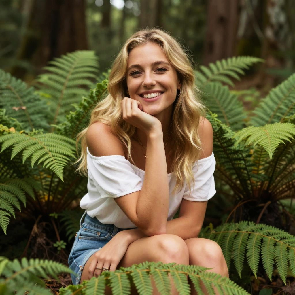 Smiling Young Woman Sitting in Ferns Outdoors Casual Style