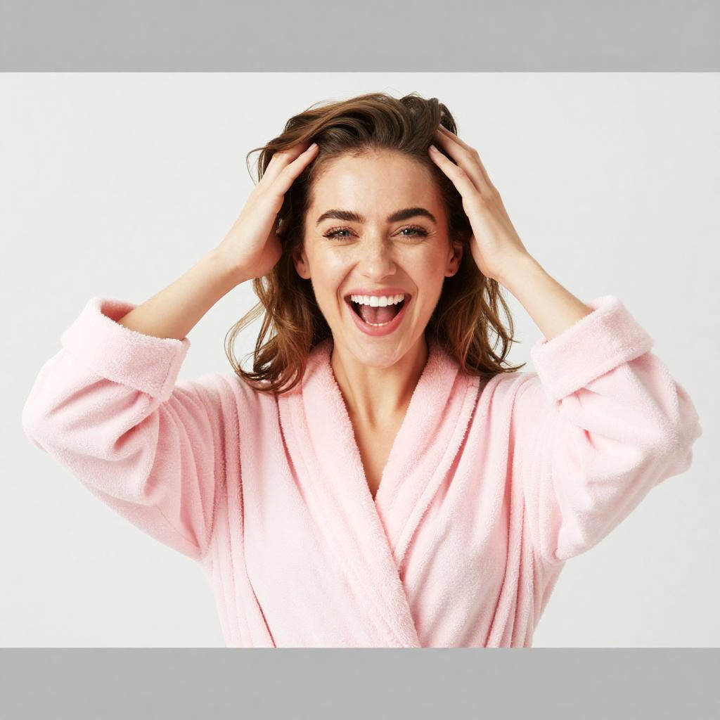 Happy Woman in Pink Bathrobe Smiling and Playing with Hair