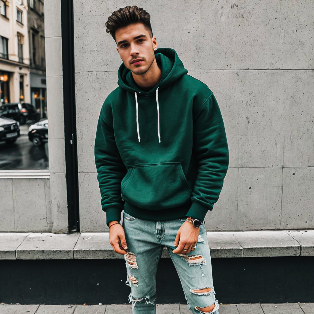 Stylish Man in Green Hoodie and Ripped Jeans