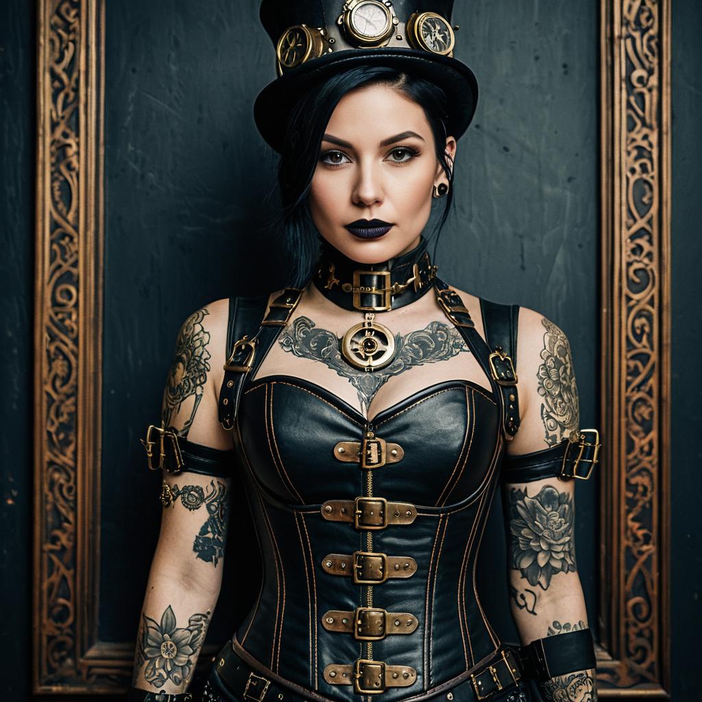 Edgy Woman in Black Leather Steampunk Outfit with Tattoos and Vintage Accessories