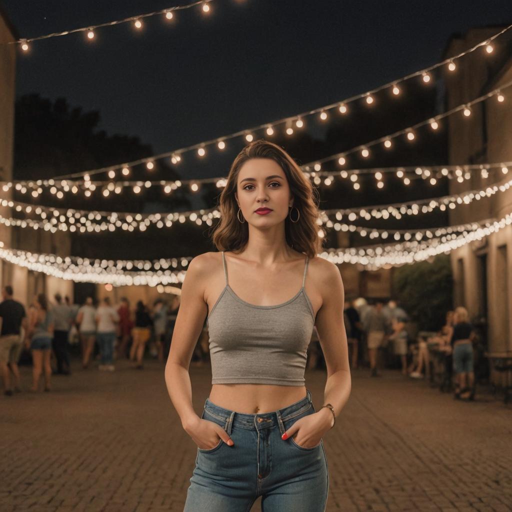 Confident Woman Under Twinkling String Lights