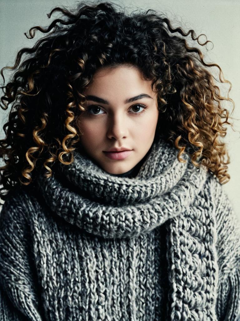 Close-Up Portrait of Woman in Gray Knit Sweater with Curly Hair