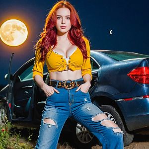 Confident Red-Haired Woman by Dark Blue Car at Night