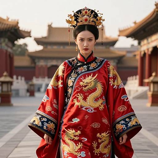 Traditional Chinese Royal Woman in Red Dragon Embroidered Robe