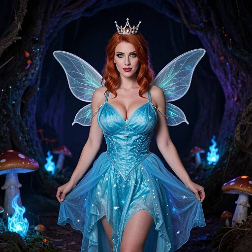 Red Haired Fairy Queen in Blue Dress with Glowing Wings in Mystical Forest