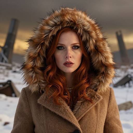 Portrait of a Red-Haired Woman in Fur Hooded Coat in Winter Snow