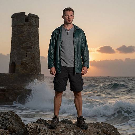 Man Standing on Rocky Coast Near Stone Tower at Sunset
