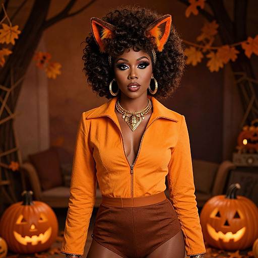 Woman in Orange Halloween Fox Costume with Curly Hair and Pumpkin Lanterns
