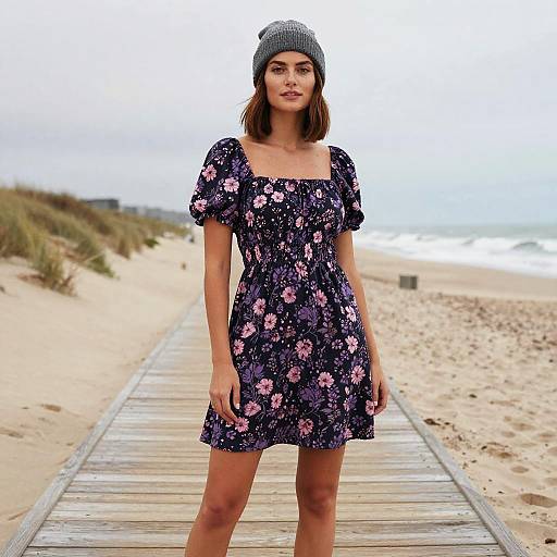 Young Woman in Floral Dress and Knit Beanie on Beach Boardwalk
