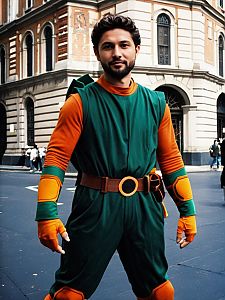 Man Cosplay Wearing Michelangelo Costume Green Orange Street Photo