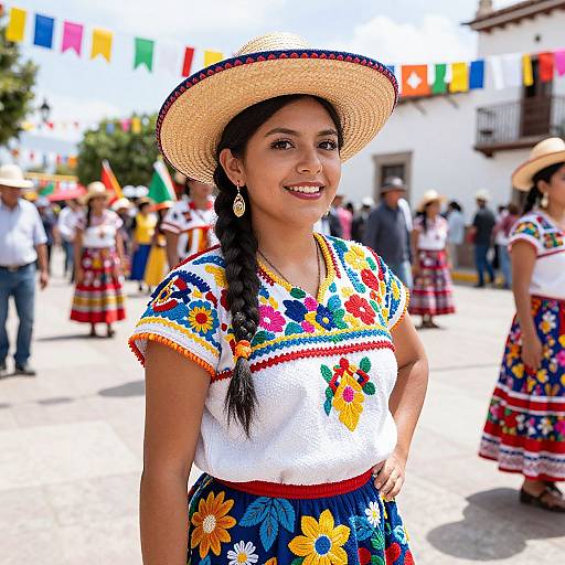 Young Woman in Traditional Mexican Embroidered Dress at Cultural Festival