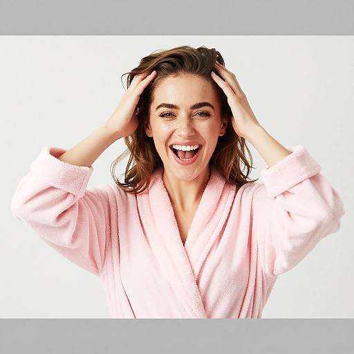 Happy Woman in Pink Bathrobe Smiling and Playing with Hair