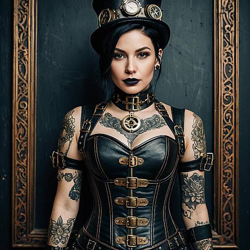 Edgy Woman in Black Leather Steampunk Outfit with Tattoos and Vintage Accessories