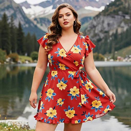 Plus Size Woman Wearing Red Mini Floral Wrap Dress in Summer Style
