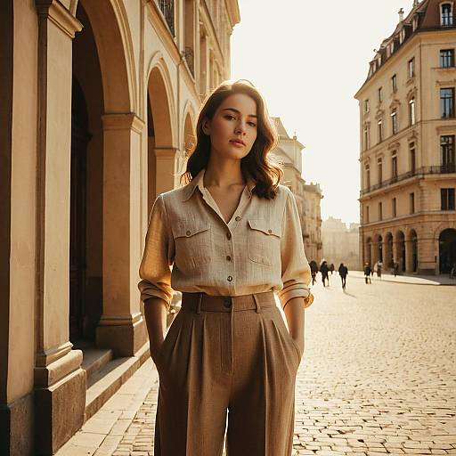 Elegant Woman in Beige Shirt and Trousers on European Cobblestone Street