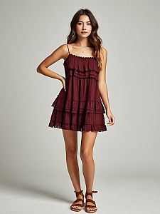Bohemian Tiered Mini Dress Woman Deep Burgundy Spaghetti Strap