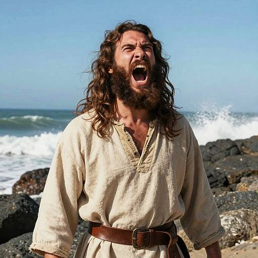 Bearded Man Shouting by Ocean Shore in Vintage Tunic