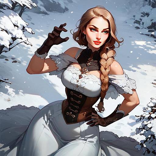 Anime Style Woman in White Corset Dress Winter Snow Scene Illustration