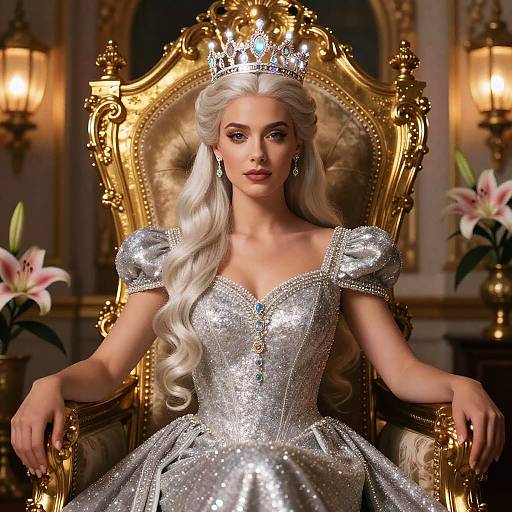 Elegant Woman in Silver Gown with Crown on Golden Throne