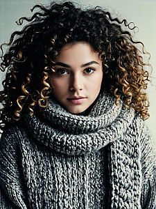 Close-Up Portrait of Woman in Gray Knit Sweater with Curly Hair