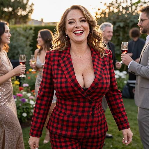 Confident Woman in Red Checkered Suit at Outdoor Garden Party
