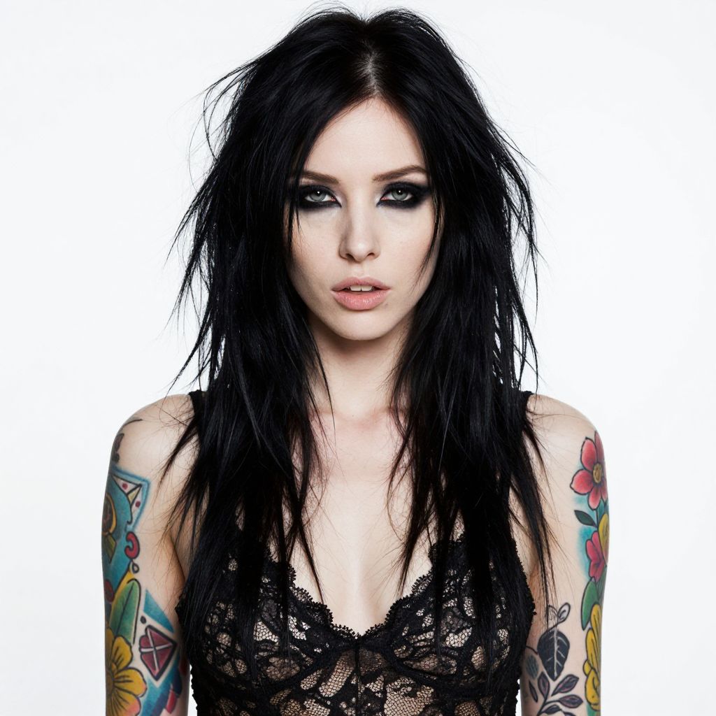 Edgy Young Woman with Black Hair and Colorful Floral Tattoos Wearing Black Lace Top