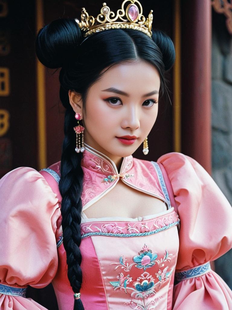 Young Woman in Pink Disney-Inspired Costume with Braided Hair and Golden Tiara