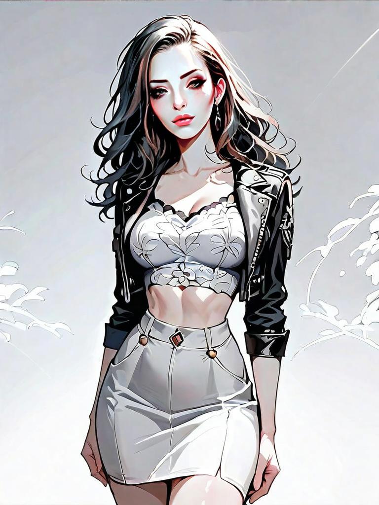 Stylish Young Woman in Leather Jacket and White Skirt Digital Art