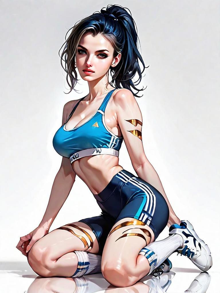 Realistic Digital Art of Athletic Woman in Blue Sportswear - Full Body Portrait