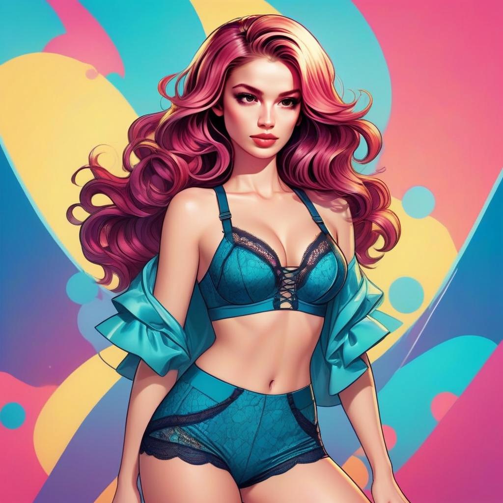 Confident Woman with Pink Hair in Teal Lingerie