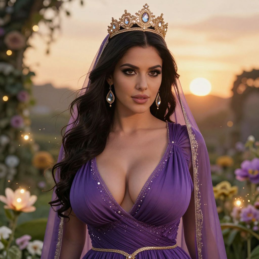 Regal Woman in Purple Gown and Golden Crown at Sunset