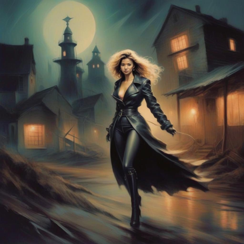 Confident Woman in Black Outfit in Moonlit Village Confident Woman in Black Outfit in Moonlit Village