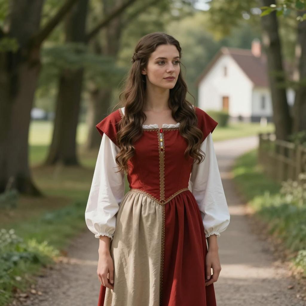 Medieval Woman in Renaissance Style Dress on Forest Path