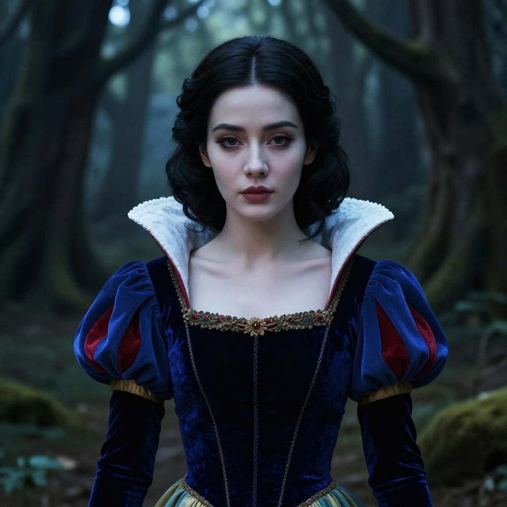Young Woman in Classic Snow White Costume in Enchanted Forest
