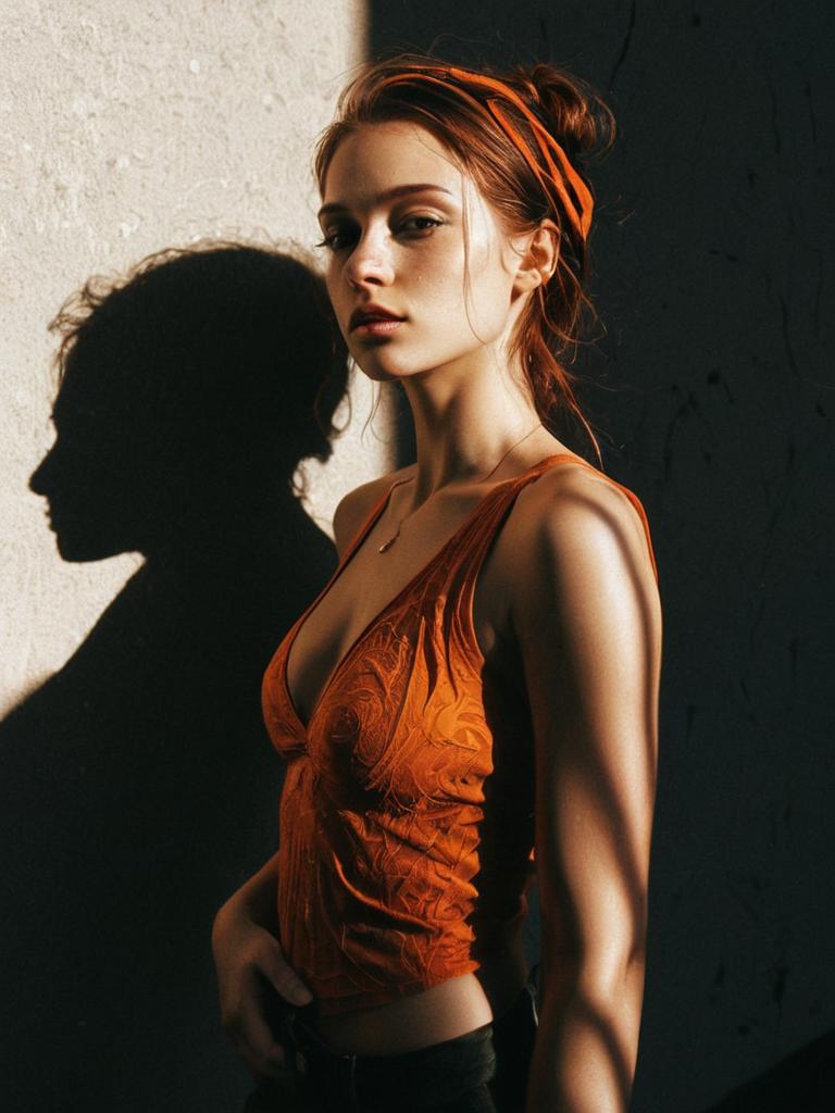 Portrait of Red-Haired Woman in Burnt Orange Top with Dramatic Shadow
