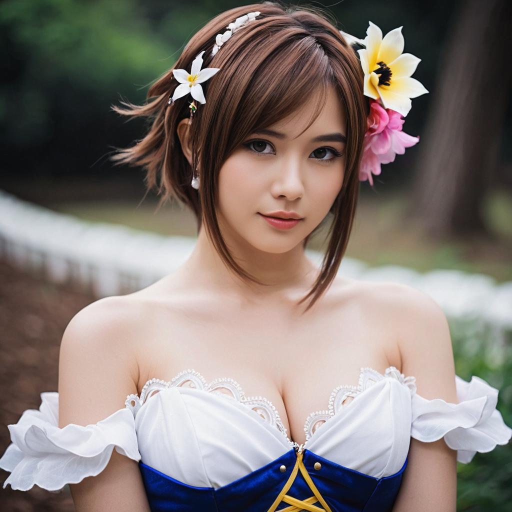 Elegant Woman in Blue and White Dress with Floral Hair Accessories Outdoors