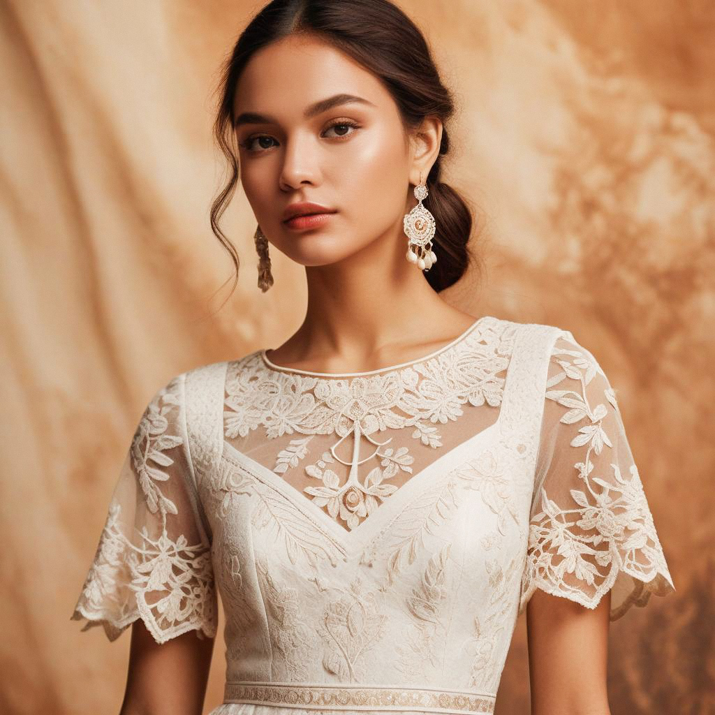Elegant Ivory Lace Dress with Floral Embroidery