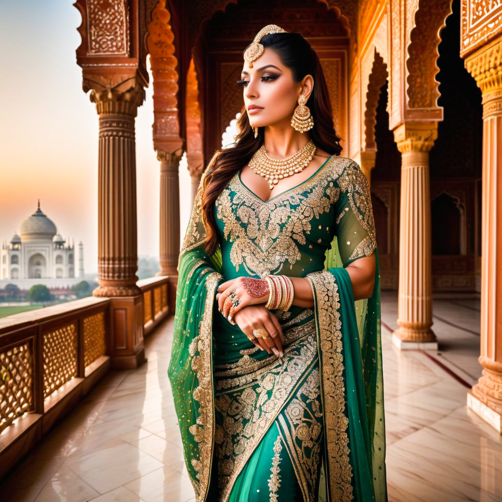 Elegant Woman in Green Saree Against Architectural Backdrop