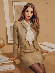 Stylish Young Woman in Beige Plaid Suit in Office