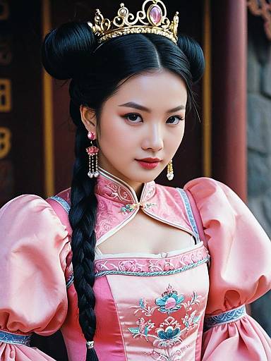 Young Woman in Pink Disney-Inspired Costume with Braided Hair and Golden Tiara