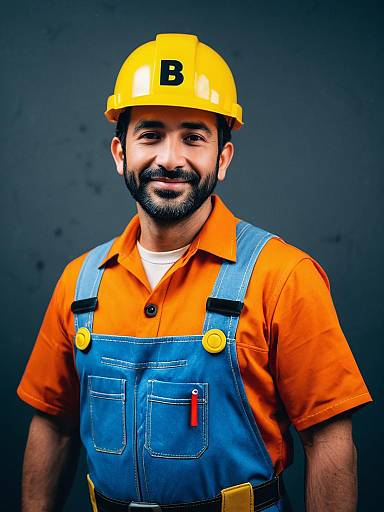 Man in Bob the Builder Costume Photorealistic Cartoon Cosplay Portrait