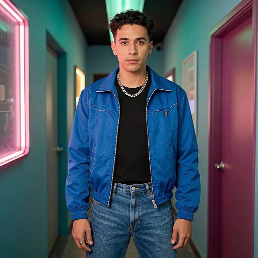 Young Man in Blue Bomber Jacket Standing in Neon-Lit Hallway