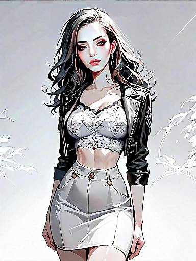 Stylish Young Woman in Leather Jacket and White Skirt Digital Art