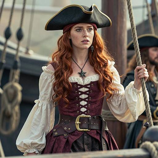 Red-Haired Woman Pirate in Classic Tricorn Hat on Wooden Ship