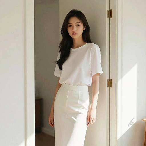 Gen Z Fashion Woman in Minimalist White Outfit Indoors