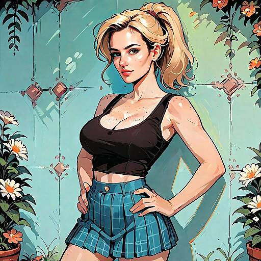 Confident Blonde Woman in Black Crop Top and Blue Plaid Skirt Digital Illustration