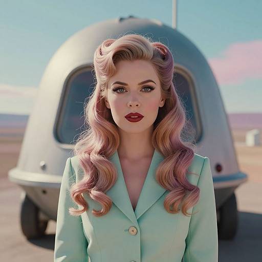 Vintage Style Woman with Pastel Pink Hair and Retro Caravan Background