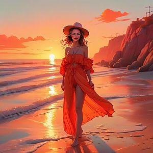 Woman in Orange Dress at Sunset Beach