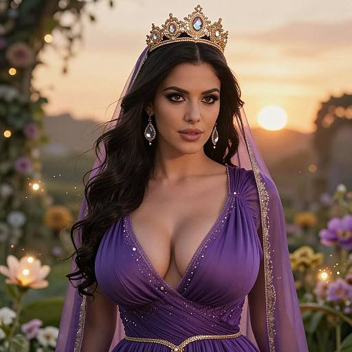Regal Woman in Purple Gown and Golden Crown at Sunset