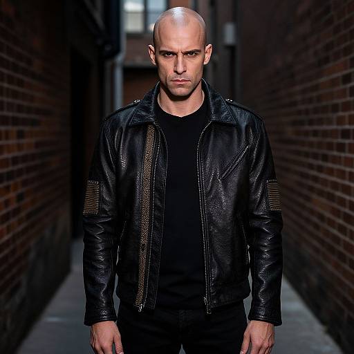 Bald Man in Black Leather Jacket Standing in Urban Alleyway